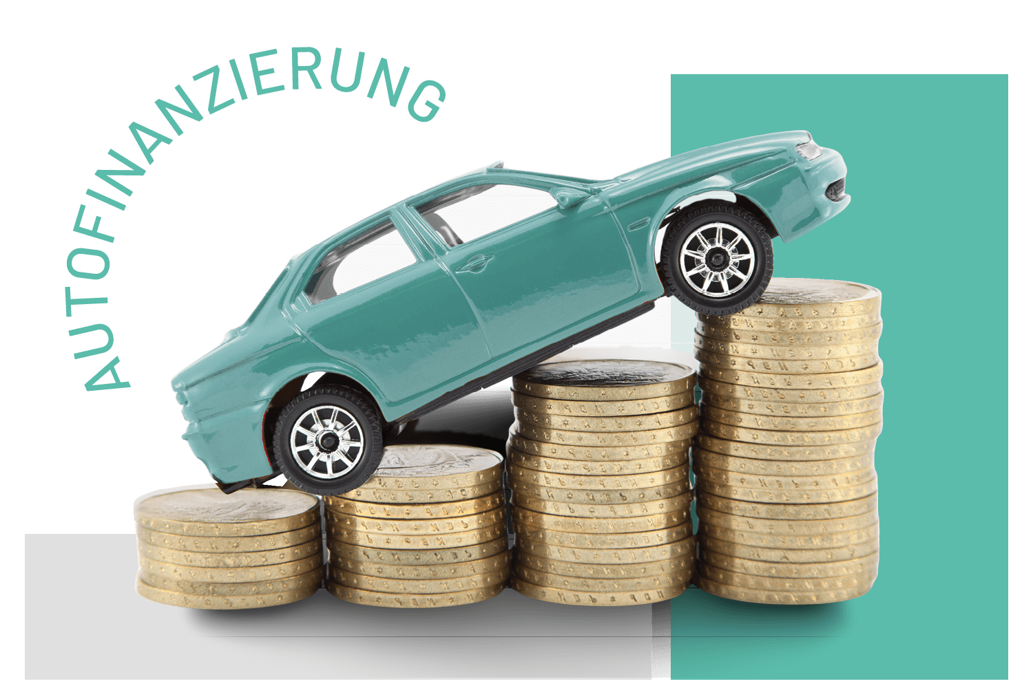 Ein Spielauto steht auf den gesammelten Geldmünzen.